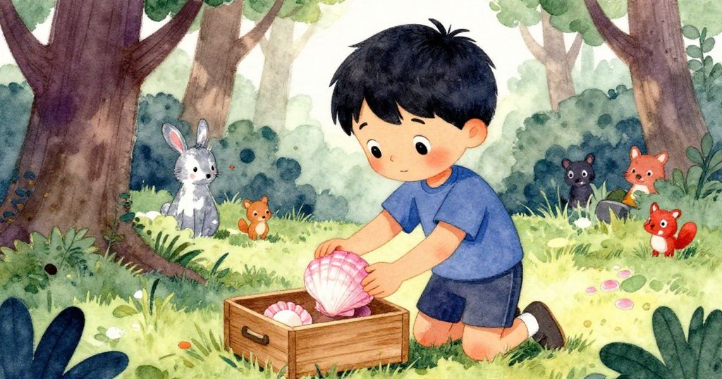 Briar在樹蔭戶外從木箱中輕取粉色貝殼，臉上流露驚喜與專注，背景中隱現小動物和自然景致。