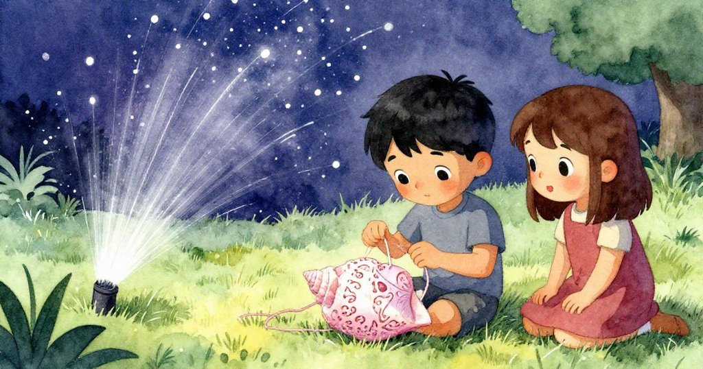 Briar細心穿線於貝殼上，Cora在旁欣賞，背景中噴水器灑落亮晶水珠，場面溫馨動人。