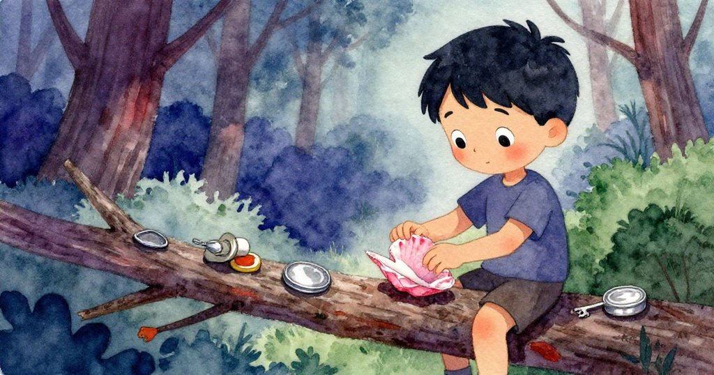 Briar在層次豐富的戶外調整樹枝上懸掛之物，輕風擺動各物體，展現出專注與自然融合的動態美。