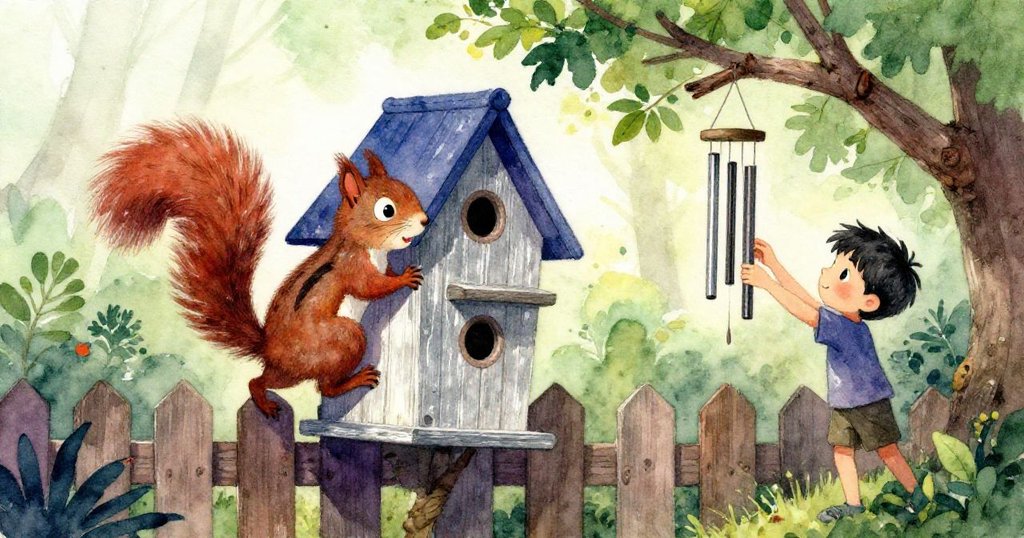Briar專注調整懸掛風鈴，旁邊一隻活潑松鼠迅速攀上鳥屋，樹枝因動作輕顫，戶外充滿動感活力。