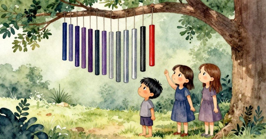 Briar與Cora於靜謐戶外欣賞平衡風鈴，臉上流露滿足溫馨，柔和樹蔭與自然背景營造終章寧靜氣氛。