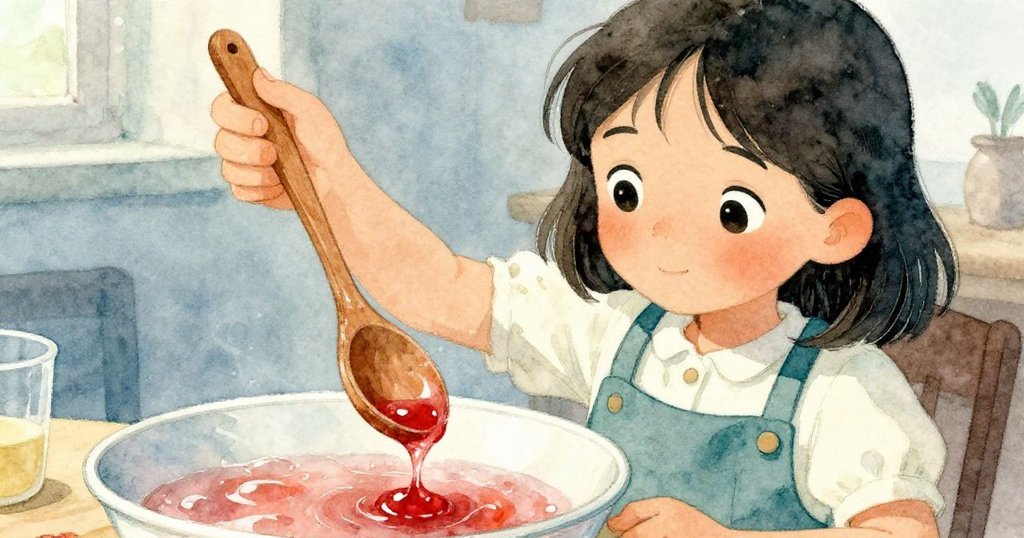 菲勒專注操控長木勺，舉起晶瑩朱紅液滴映出濕潤光澤，細緻展現製作糖漿的精心步驟。