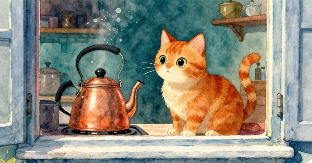窗外一隻橘色貓蹲坐窗臺，透過玻璃注視廚房中沸騰銅壺發出的耀眼光芒，充滿好奇與期待。