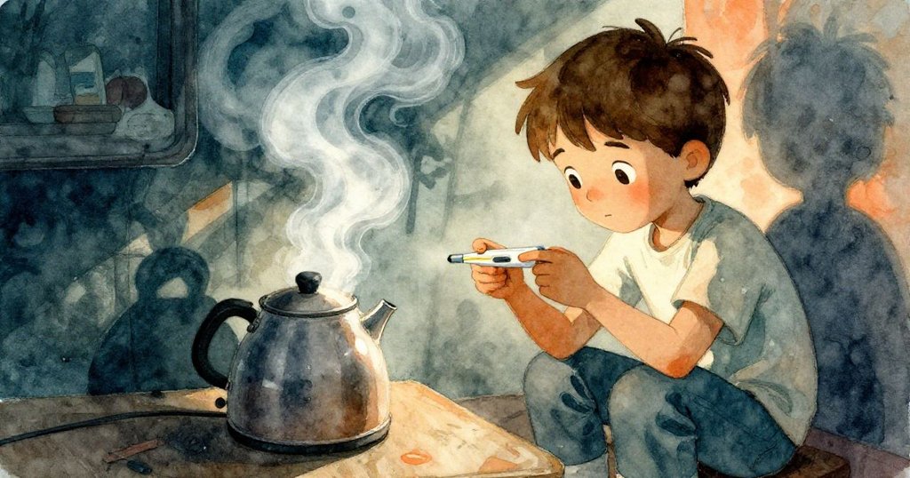 伊萬站在廚房邊，凝視沸騰過程並仔細檢查溫度計，蒸氣與陰影交錯映出一絲懷舊又專注的神情。