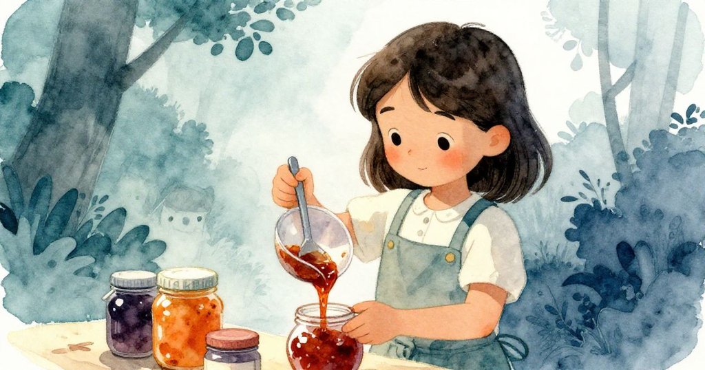 菲勒穩定控管漏斗，小心舀入濃稠果醬於罐中，恢復廚房秩序，重現開端時溫馨平和的氣氛。