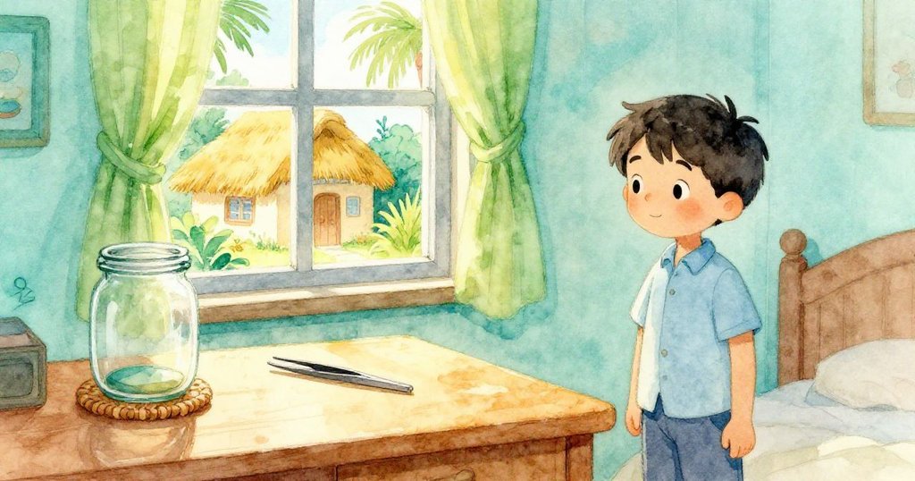 文森正好奇地轉動著冷觸感玻璃瓶,桌上放有溫暖鑷子,窗外農舍沐浴於柔和午後光線,充滿探索熱情。