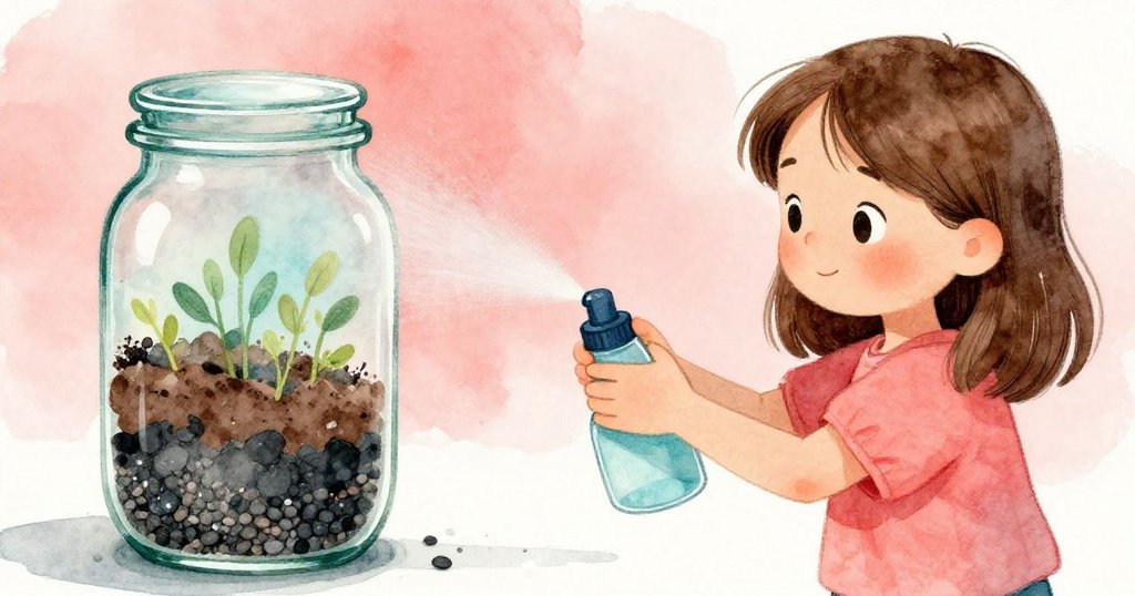 蕊恩輕按噴霧瓶,將細微水珠灑在顯粗糙砂礫與彈性土層的玻璃瓶內,神情專注而溫柔。