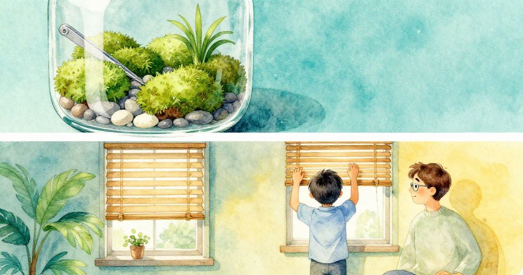 文森用鑷子精心排列玻璃瓶內三座苔蘚島,並點綴小石子;格蘭特則在後調整木製百葉窗,兩情境融合,洋溢專注與平和。