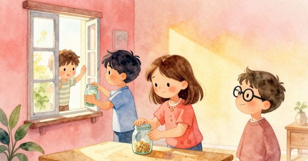 蕊恩輕巧蓋上玻璃瓶,格蘭特打開窗戶,文森滿意注視,三人共享著洋溢著平和與喜悅的溫暖時刻。