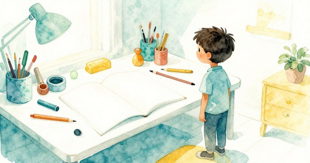 文森在粗糙筆記本上留下深色指印,創作記錄完成後退,桌面散落著工具材料,透露出續篇創意與滿足。