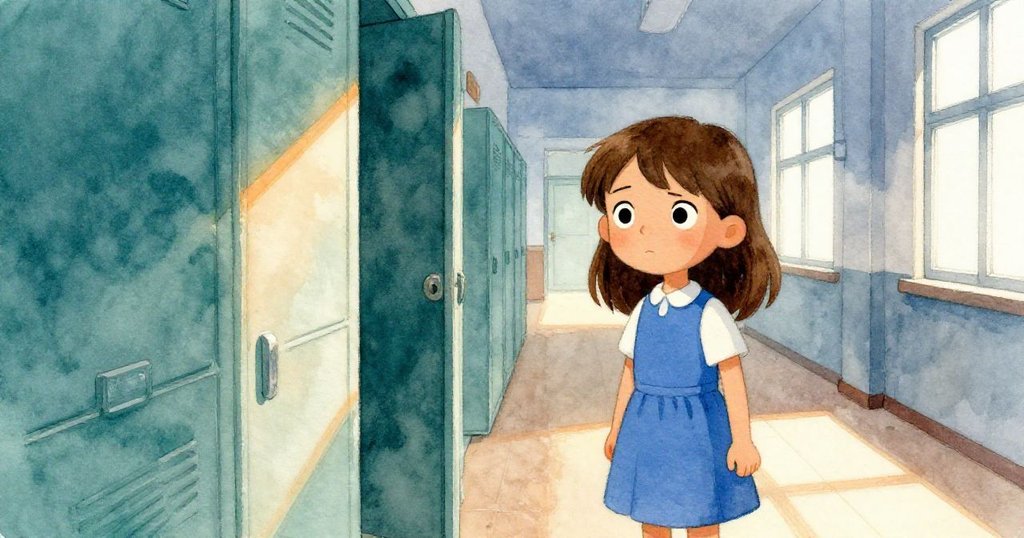 Joy站在寧靜走廊前注視著供應室門，表情充滿期待與決心，柔和光線灑落牆面，展現準備行動的氛圍。