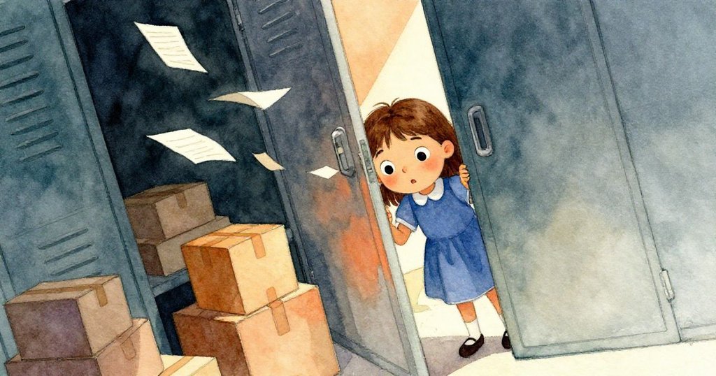 Joy以斜角視角透過卡住門縫窺探內部，聚焦供應箱與飛揚紙張，眼神中流露出強烈好奇。