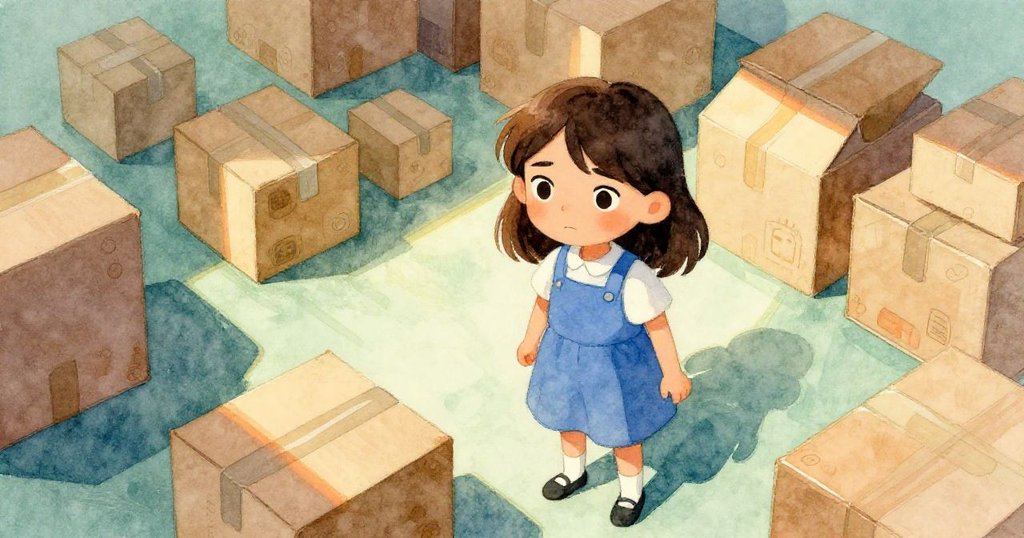 從高處視角望見Joy在供應室內探索，背景是整齊排列的箱子和隱約綠色紙張，燦爛光影營造出期待感。