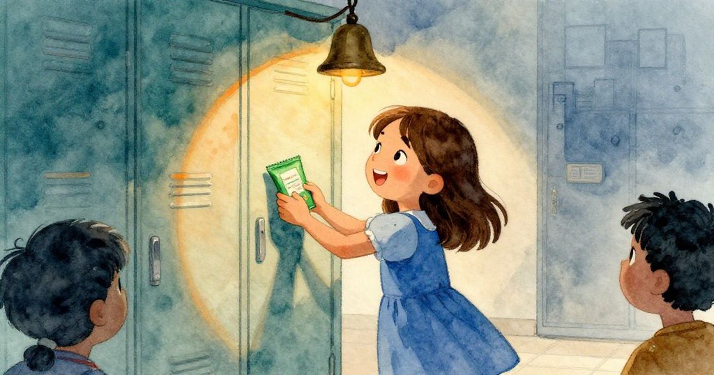 最終鐘聲響起，Joy微笑著拿著綠色包裹，輕推關門，走廊中洋溢成功與釋然的暖意與光影。