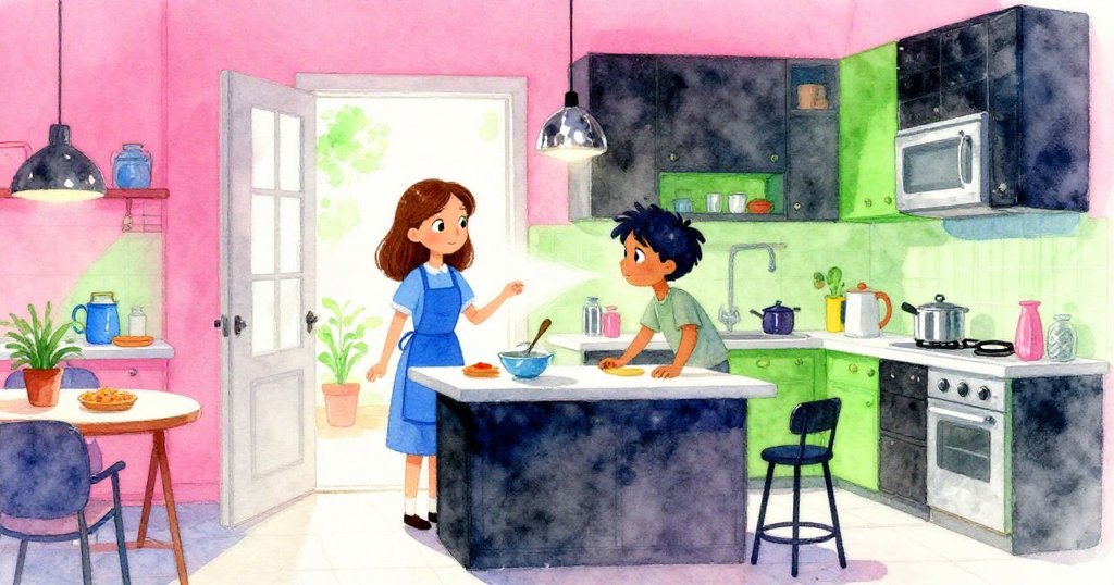 珍妮特和薩維爾在明亮廚房入口處忙碌，開啟的門迎來柔風，臉上充滿期待與專注，溫馨動感。