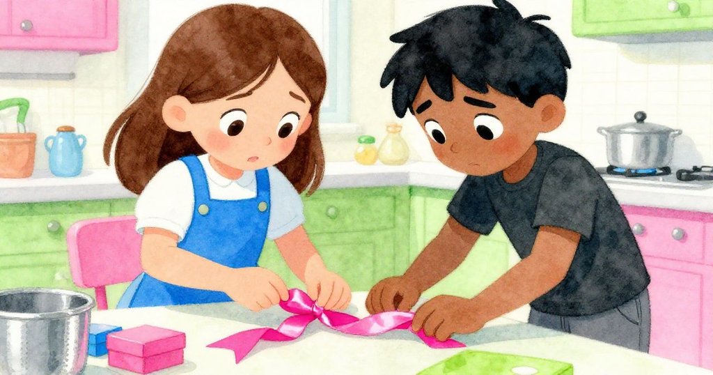 珍妮特與薩維爾專注操作緞帶與盒子，細膩手勢展現默契，廚房櫃台細節豐富且溫暖。