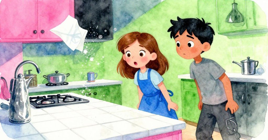 廚房中傾斜視角捕捉飄浮的紙巾與灑落糖粉，珍妮特與薩維爾驚喜互望，呈現動感與細節美。