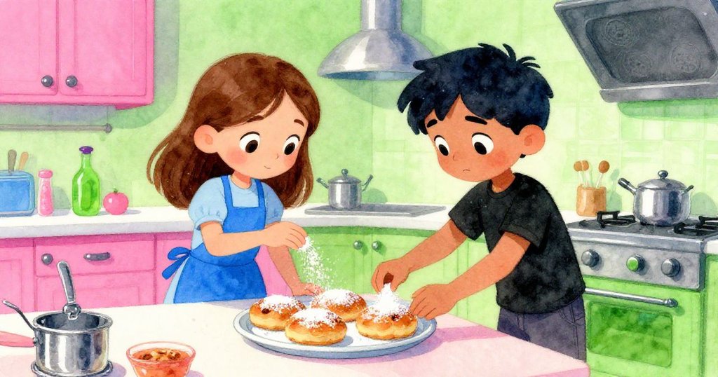 廚房新角落中，珍妮特輕柔撒糖於糕點，薩維爾同步協作，展現專注創意與溫馨互助的情感。