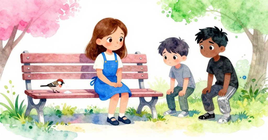 戶外長椅旁，小麻雀啄食散落糖粉，珍妮特與薩維爾滿足旁觀，環境寧靜溫馨，呈和諧結局。