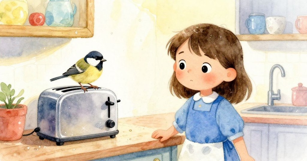 Mae的溫馨廚房中,窗戶上凝結著露水,小鳥輕降至烤麵包機旁,展現故事開始的寧靜晨光。