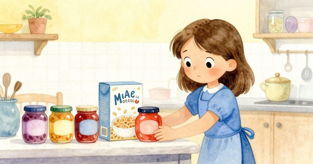 Mae在明亮廚房中,小心推動對齊的果醬瓶,時鐘輕響,背景物品互動,展開故事發展。