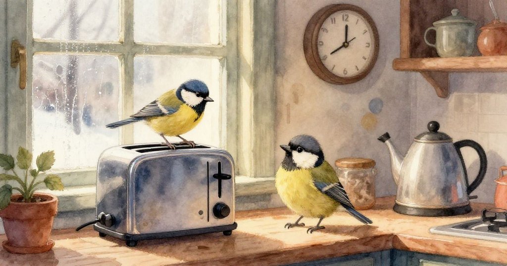 Mae在廚房中看著牛奶瓶傾斜滑動,牛奶形成四葉草狀,果醬滴落麵包上,充滿回憶氛圍。