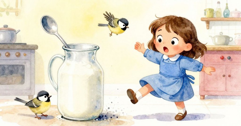 Mae驚愕中見牛奶瓶急滑,金屬響聲引發小鳥迅速閃避,廚房物件互動激起動態追逐。