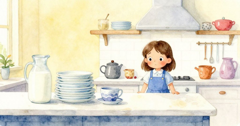 在恢復平靜的廚房中,Mae輕鬆站立著,盤子穩住牛奶瓶,所有物件逐漸歸位,結束前動盪局面。