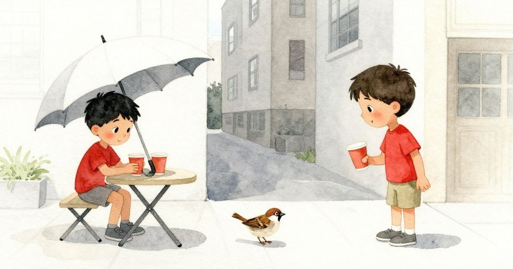 賽勒斯在陽光明媚的都市人行道上整理紙杯，低垂傘下麻雀飛舞，背景中隱約可見現代建築，展現早晨活力。