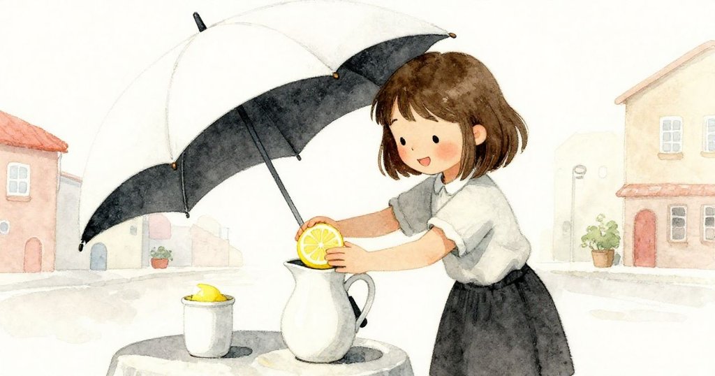 艾拉透過傘布縫隙溫柔按壓檸檬，臉上流露欣喜，背景展現都市攤位細節。