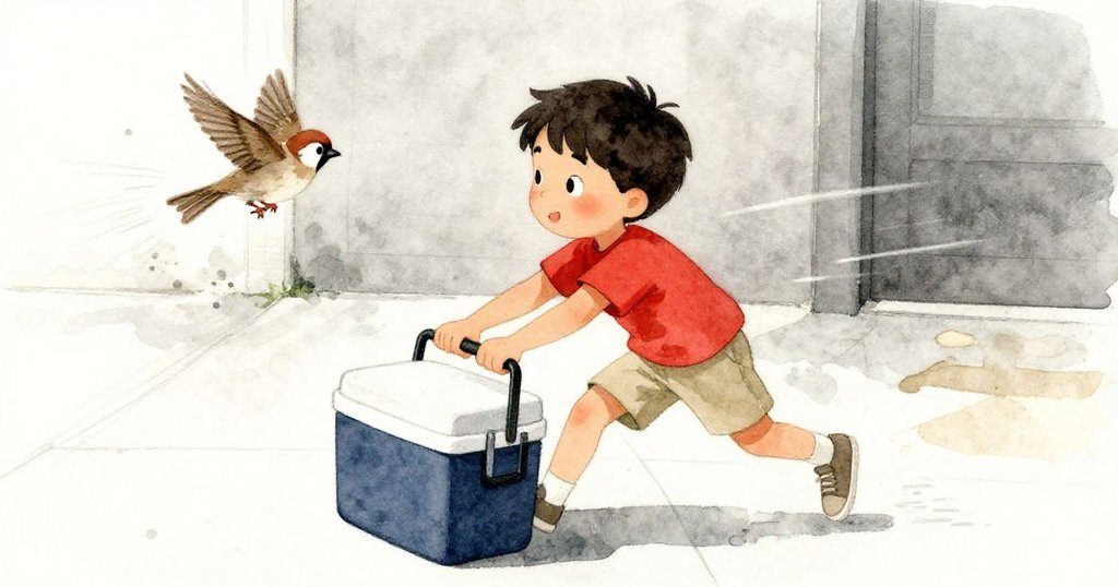 賽勒斯急速取下保溫盒，動感背景中隱約呈現來客腳步，麻雀飛舞，整體充滿緊湊氛圍。