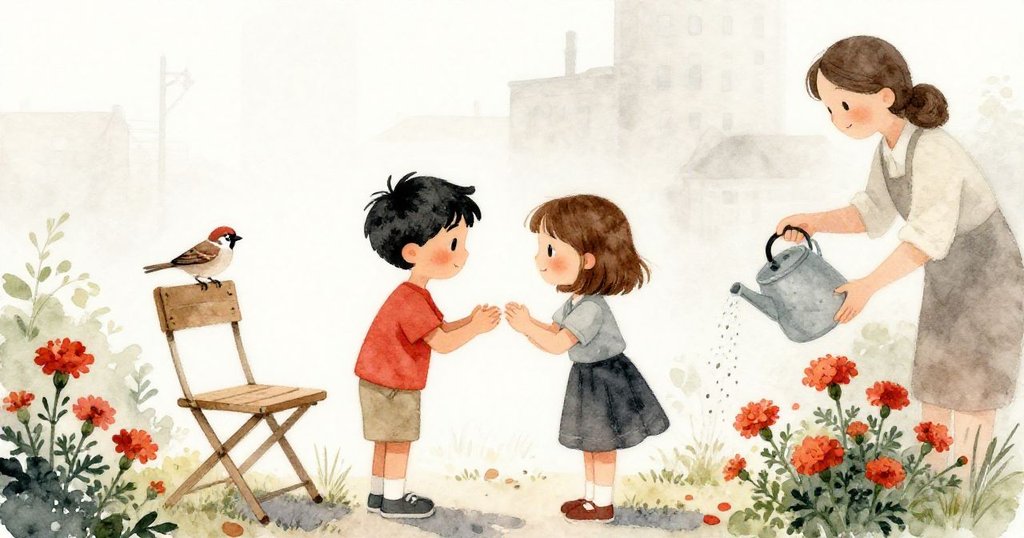 賽勒斯與艾拉互點頭致意，麻雀安坐椅上，鄰居靜靜澆灌萬壽菊，畫面溫馨地呼應晨間故事。