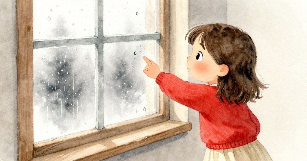 Fleur在晨霧中觸碰充滿細雨的窗戶，環境溫暖柔和，展現室內舒適氛圍，情緒好奇專注。