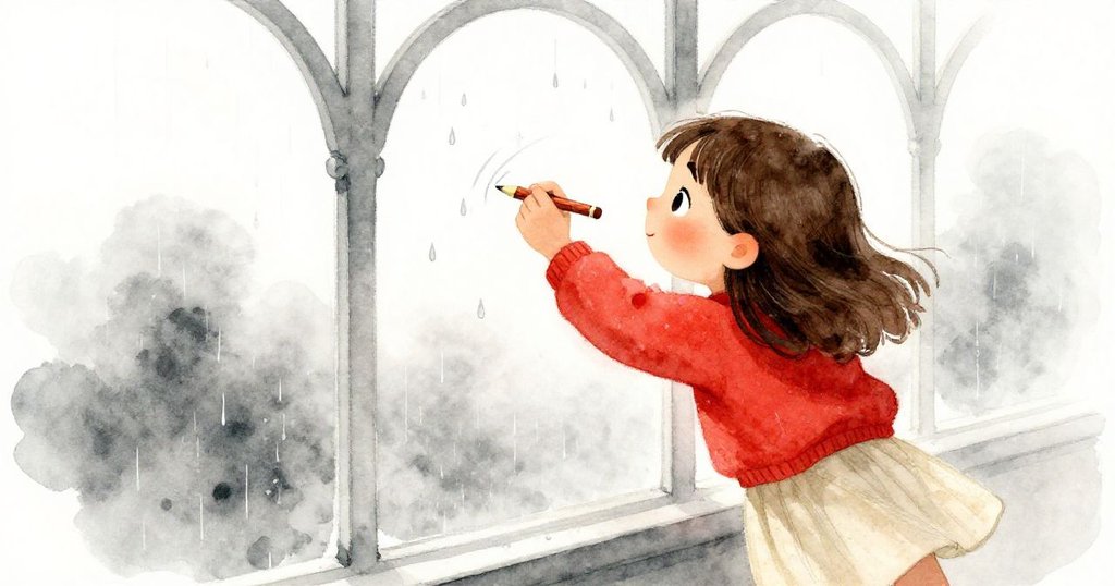 Fleur用鉛筆與手指在霧蒙玻璃上創作花園拱門，低角度展現動態筆觸，雨滴輕滑，氣氛夢幻動人。