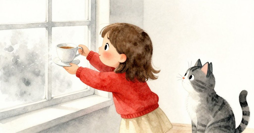 Fleur不小心碰倒茶盤，茶水灑在霧窗上，小貓好奇注視，展現家的溫馨與雨天氣息。