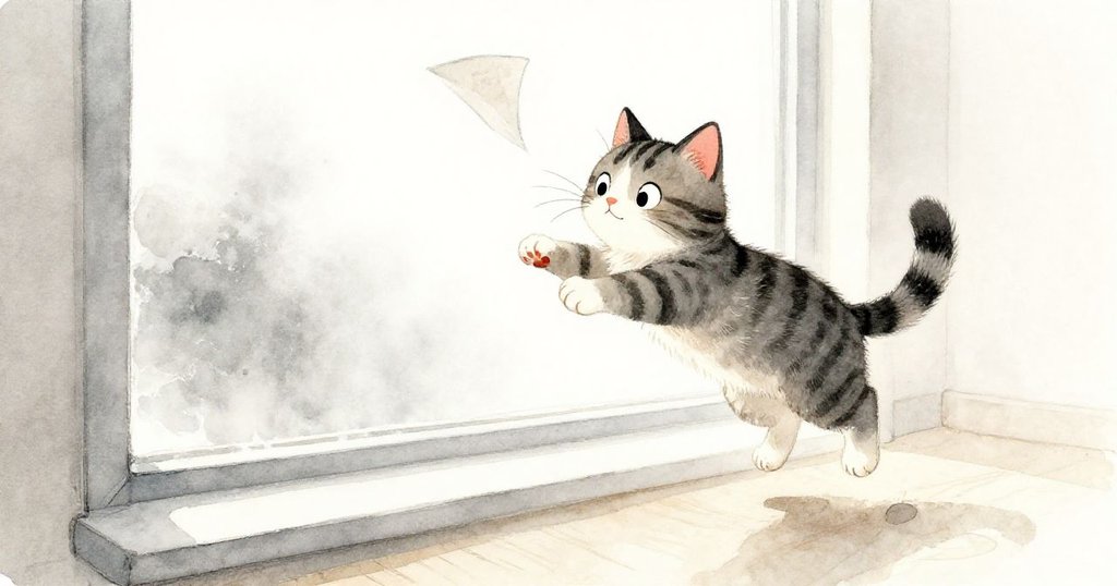 紙張輕觸小貓耳邊，小貓驚跳出現瞬間張力，窗上留下短暫痕跡，環境充滿驚奇與緊張情緒。