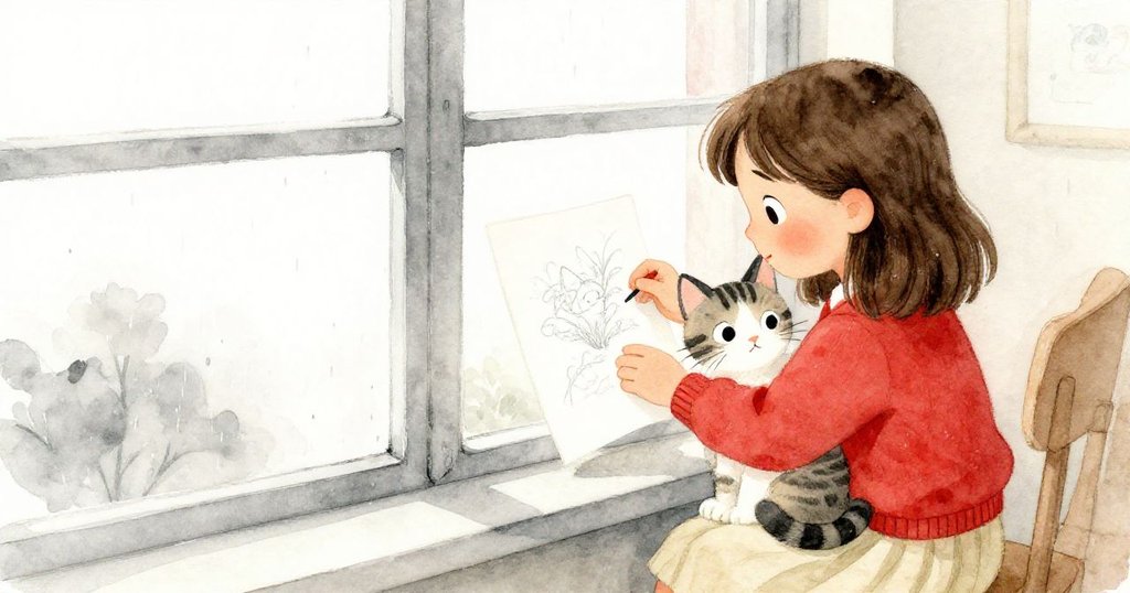 Fleur溫柔抱著小貓，輕放修復的草圖在滿是雨滴的窗框上，整個場景寧靜溫馨，共鳴家庭與藝術和諧。