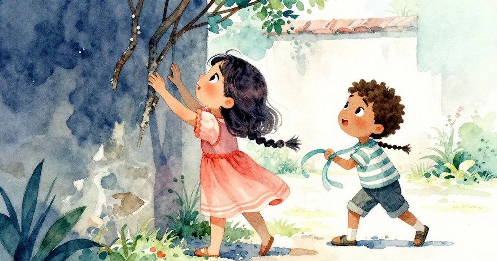 Felix興奮地從破舊牆邊拾起樹枝,Rosa手持飄逸絲帶,窗外光線柔和,象徵童真的探索與試驗。