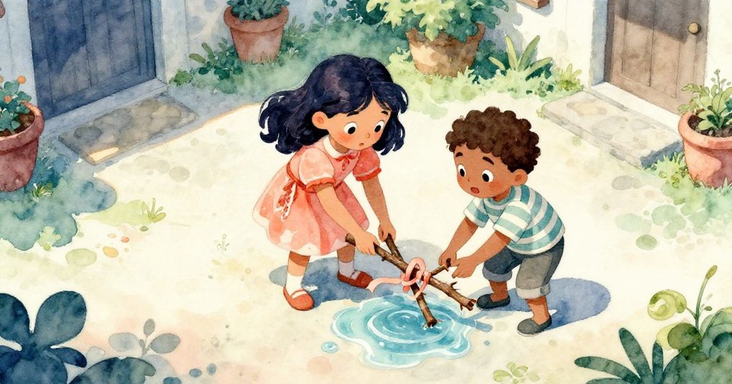 俯視角度顯示Rosa與Felix聚精會神地用樹枝和絲帶拼湊工具,水坑閃耀著光芒,場景充滿脆弱與專注。