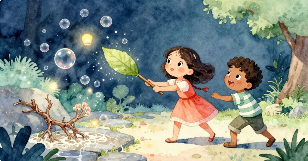 Rosa與Felix合作推動工具,隨即釋放出漂浮的泡泡和隱藏的石紋,現實與魔幻奇景在水面交織。