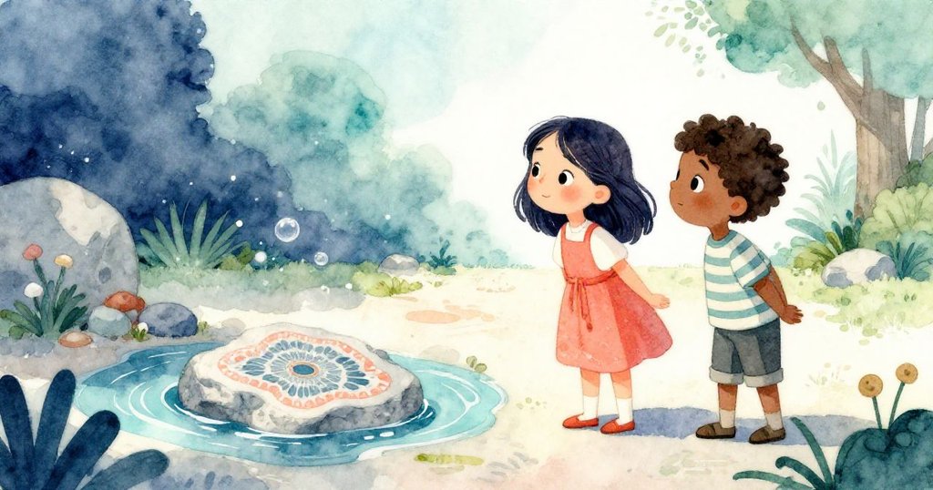 在寧靜的庭院中,Rosa與Felix並肩凝望於石上精緻紋理,水面泡泡漸散,整個下午魔幻氛圍緩緩落幕。