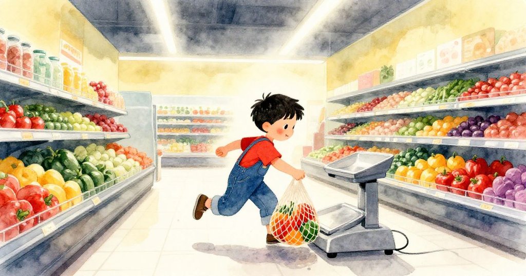 哈里斯在現代鮮果店內滑動網袋放椒,燈光與霧氣交織,充滿動感與驚喜,場景氣氛戲劇性。