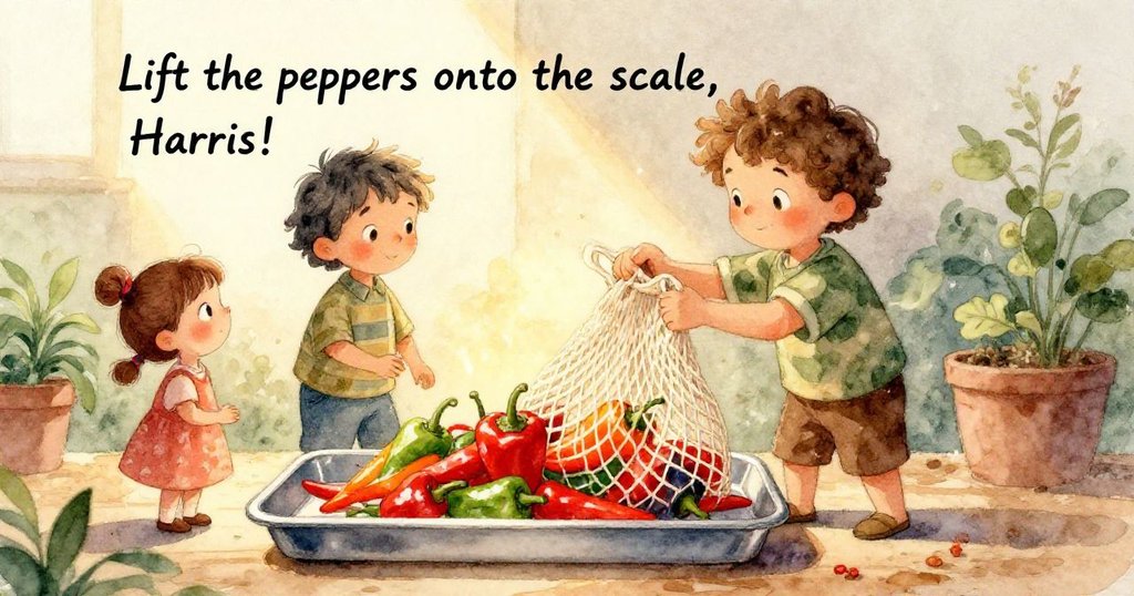 網袋中豐富色彩的椒類在明亮燈光下閃耀,鏡頭聚焦細節,金屬秤面映出水珠,呈現動態光影交錯。