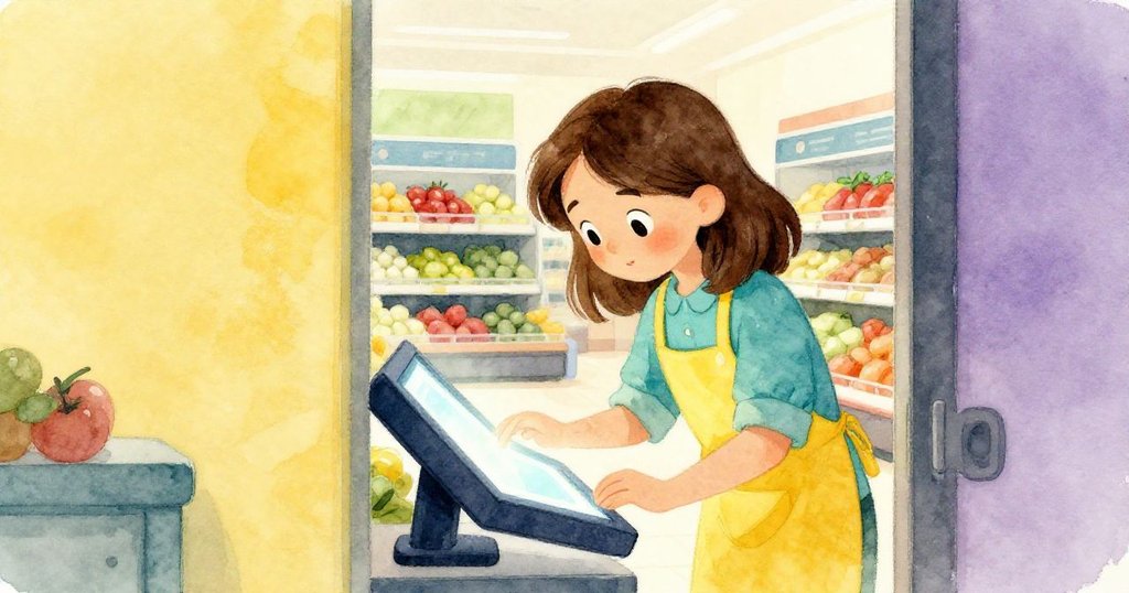 娜迪亞透過半開門框靠近觸控屏,專注輕觸菜單,眼神堅定展現解決問題的決心,場景現代鮮果店內情。