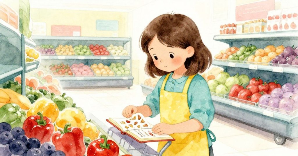 娜迪亞細心整理乾貼紙存入感恩日記,再將濕椒裝入推車,滴水細節象徵新冒險即將展開,氛圍平和充滿希望。