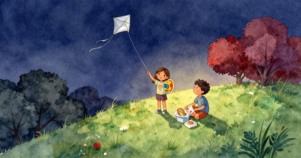 Paloma在高空俯瞰綠野，手持溫暖軟質盤，Quinn在旁打開午餐包，兩人動作充滿期待與活力。