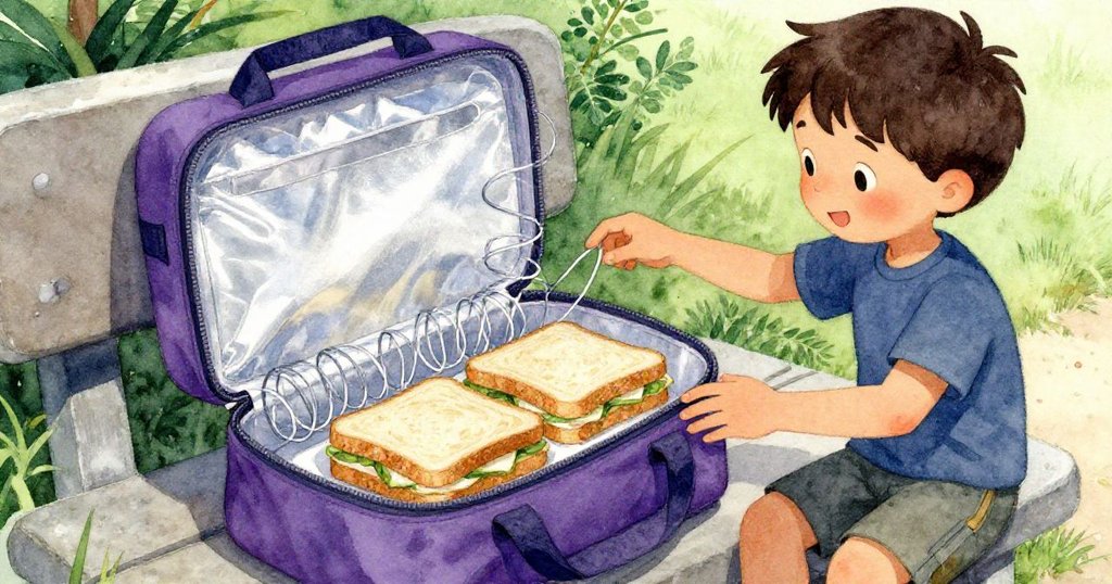 Quinn聚精會神地檢查午餐包中整齊盤繞的風箏線與三明治，細膩畫面展現冒險細節與溫暖光線。