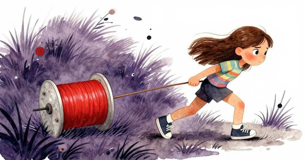 Paloma面對突如其來横風，調整盤上捲軸，畫面傾斜展現風暴動力與其果敢神情。