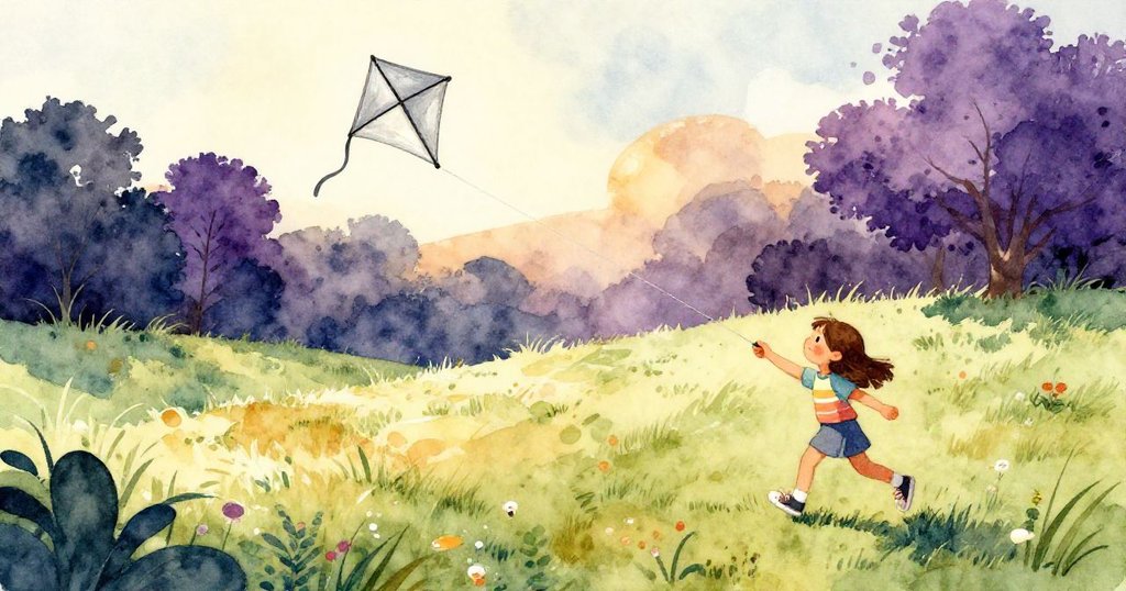 Paloma在金光映照的草原上靈巧操控風箏，動態劃出數字字型動作，背景樹頂與草香營造出自然奇景。