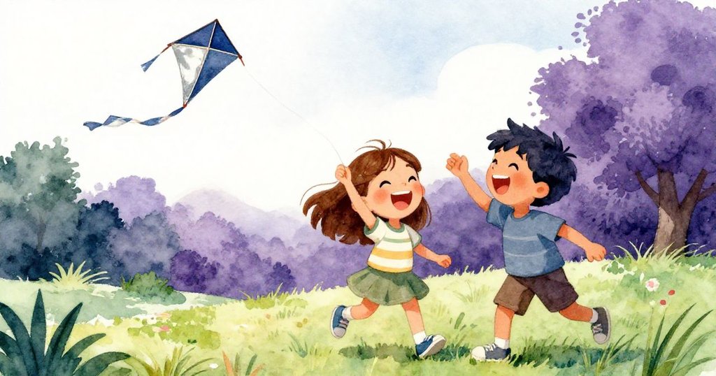 Paloma與Quinn在草原上同樂，笑容滿面操作風箏，嬉風互動呈現團隊合作與快樂慶祝瞬間。